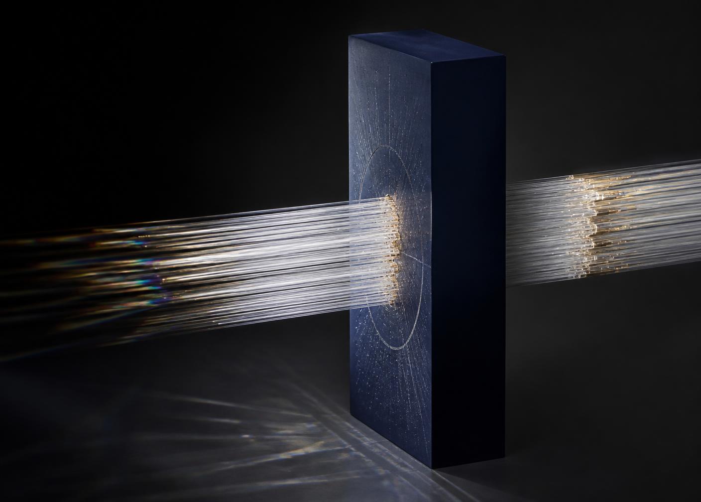Fine glass filaments passing through a navy monolith and refracting into faint patterns