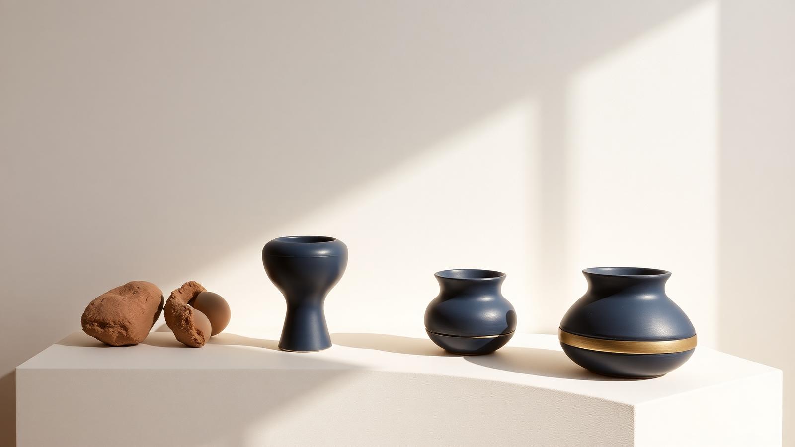 Four sculptural stages of one form — raw clay, shaped, refined navy ceramic and finished with a brass band — in a row on a pale plinth
