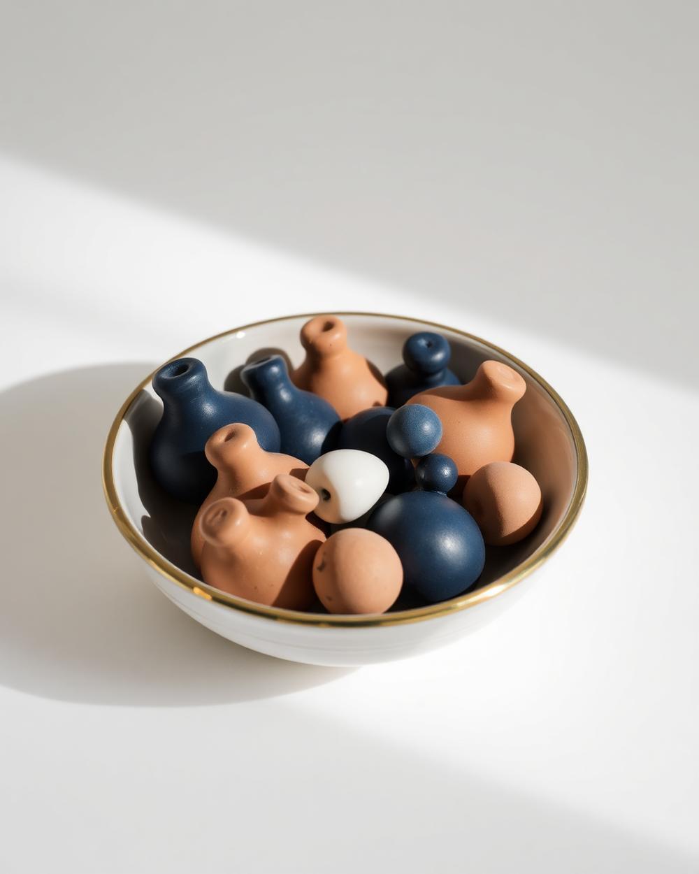Distinct clay and navy ceramic forms resting together inside a brass-rimmed bowl