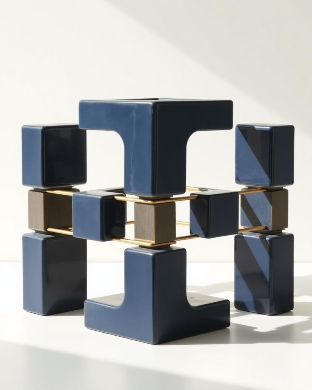 Interlocking navy ceramic blocks joined by thin brass plates into a structural lattice