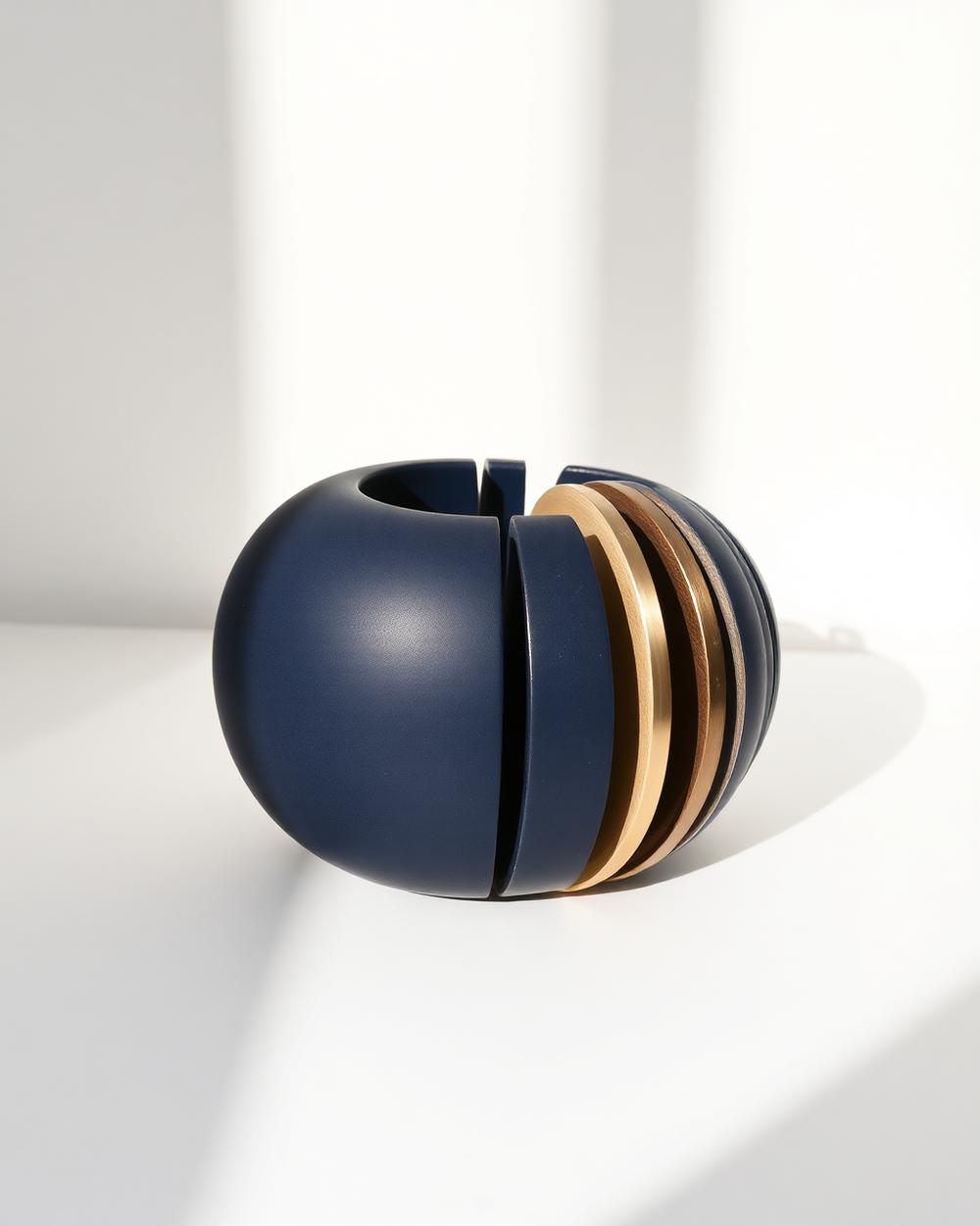 A navy ceramic sphere sliced into offset sections separated by brass plates