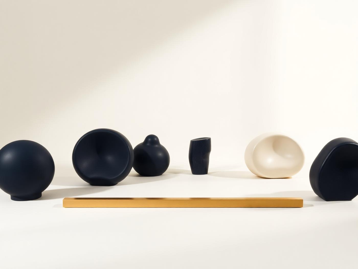 Six distinct sculptural forms approaching a slender gold threshold