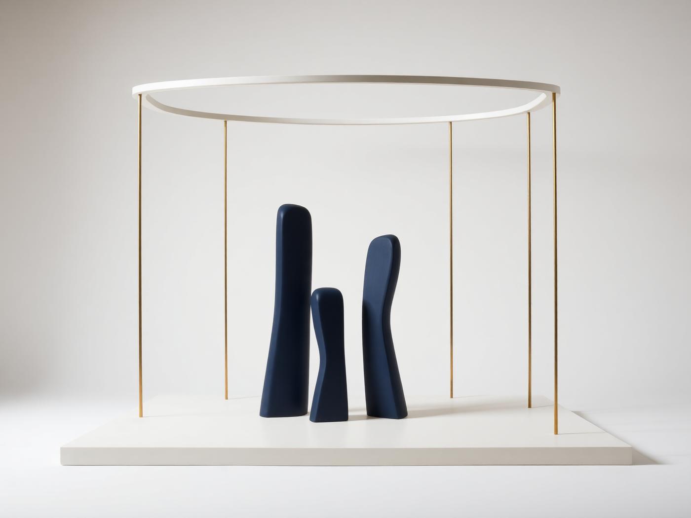 Three upright navy forms standing within a pale enabling structure of gold supports