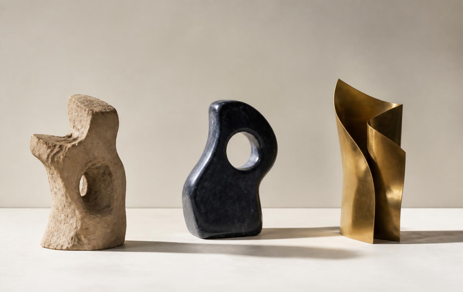 Three distinct sculptural forms — rough clay, polished navy stone and folded brass — standing apart on a pale surface